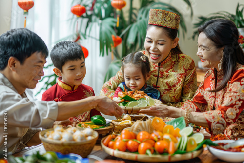 A happy Vietnamese family celebrating Tet with traditional dishes like banh chung and exchanging wishes for luck and prosperity. Concept of cultural tradition and familial harmony. Generative Ai. photo