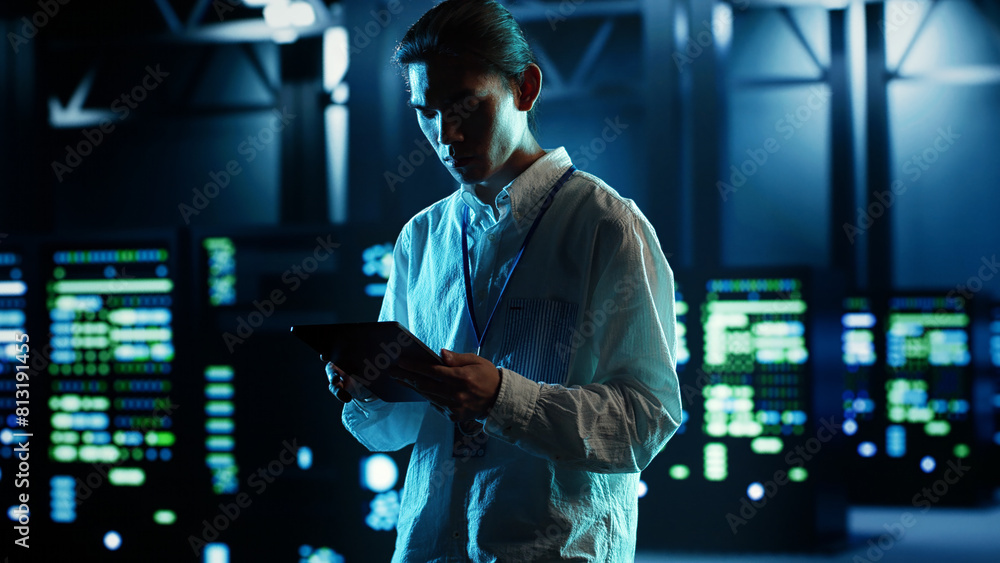 Fototapeta premium Asian man strolling through data center server rows providing processing and memory resources for different workloads. Engineer monitoring supercomputers tasked with solving complex operations