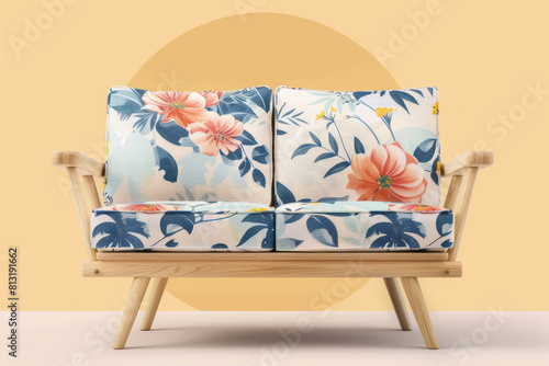 modern wooden chair with vibrant floral upholstery in bright room