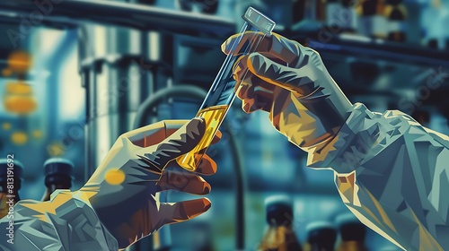 hands holding a test tube in lab. The scene is set in a laboratory with various glassware and chemicals. Scene is scientific and focused