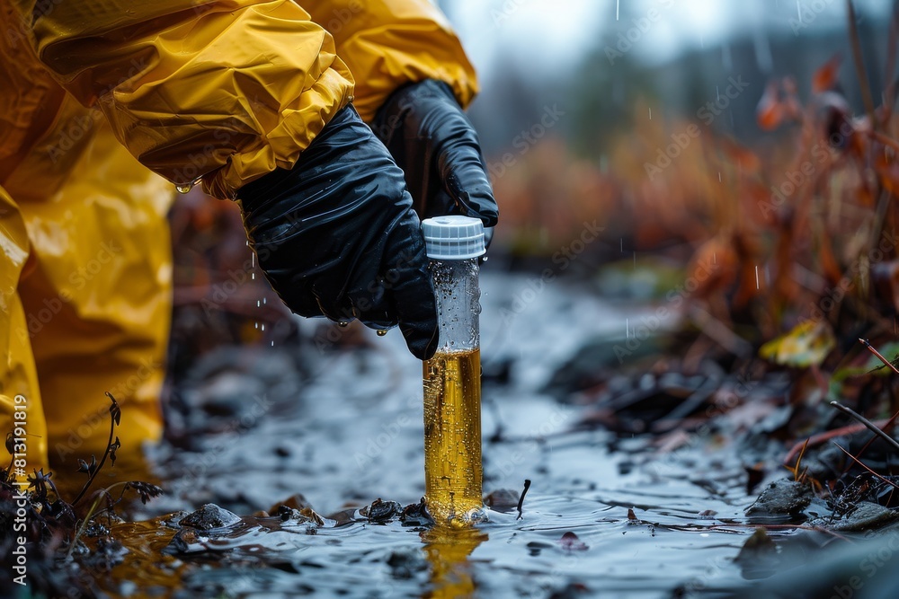 An individual in protective gear collecting a water sample from a puddle, representing environmental monitoring An individual in protective gear collecting a water sample from a puddle, representing environmental monitoring
