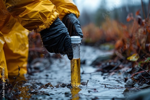 An individual in protective gear collecting a water sample from a puddle, representing environmental monitoring