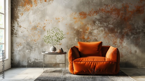  Orange snuggle chair creating a focal point of a modern style living room , stucco wall adds texture and visual interest to the space, the room fostering a relaxed yet fresh and modern atmosphere photo