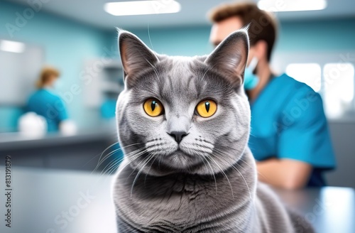 A grey British-bred cat is sitting in a veterinary clinic. In the background are veterinarians. As well as a window from which daylight