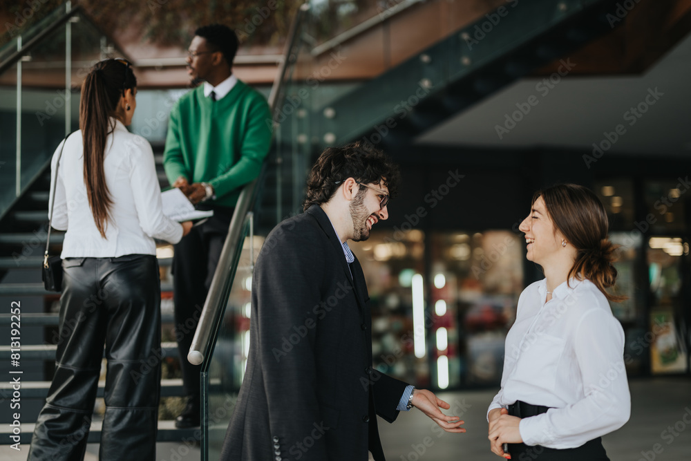 Diverse group of business professionals engaging in a conversation about marketing and sales strategies for business growth outside a modern building. Diverse group of business professionals engaging in a conversation about marketing and sales strategies for business growth outside a modern building.