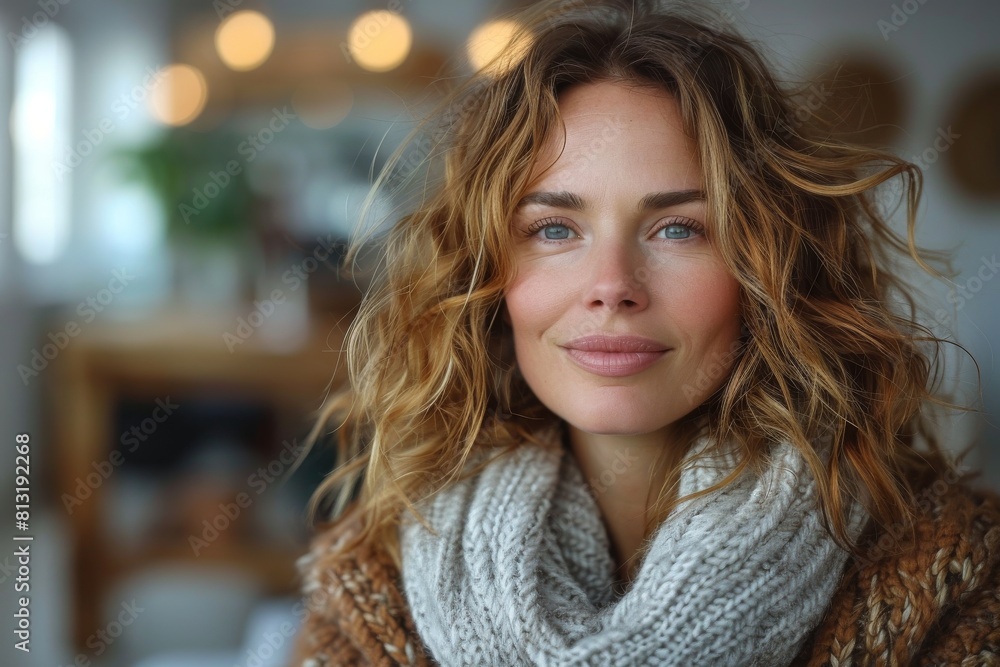 A captivating portrait of a woman with blonde curly hair and a gentle smile, exuding warmth and comfort A captivating portrait of a woman with blonde curly hair and a gentle smile, exuding warmth and comfort