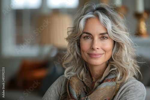 An elegant mature woman with beautiful gray hair poses for an indoor portrait with a soft and engaging expression photo