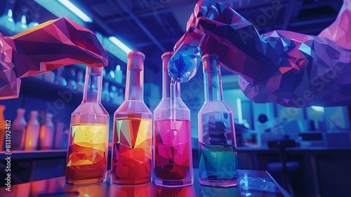 scientist hold flasks contain colorful liquid reactant to testing new product photo