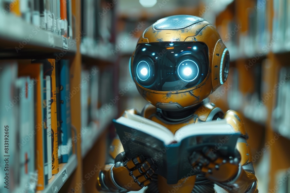 An imaginative depiction of an old, rusty robot immersed in reading, surrounded by bookshelves, hinting at the timeless value of knowledge An imaginative depiction of an old, rusty robot immersed in reading, surrounded by bookshelves, hinting at the timeless value of knowledge