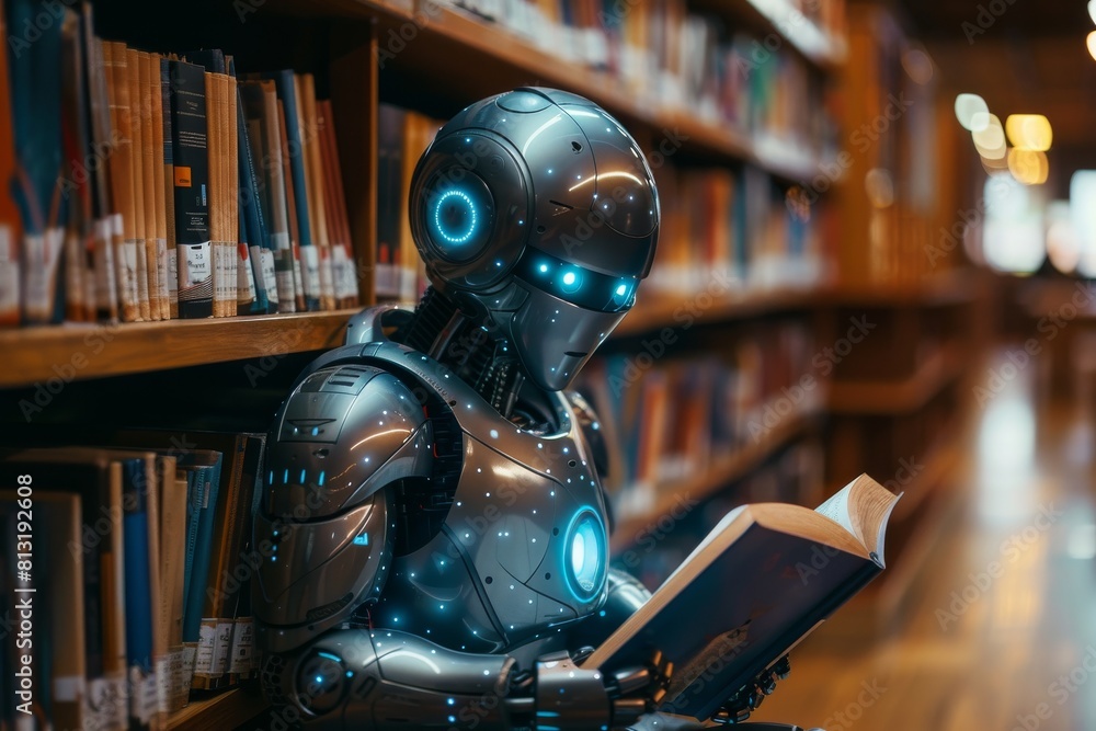 A highly detailed portrayal of an advanced humanoid robot engrossed in reading, set against the backdrop of a library filled with knowledge A highly detailed portrayal of an advanced humanoid robot engrossed in reading, set against the backdrop of a library filled with knowledge