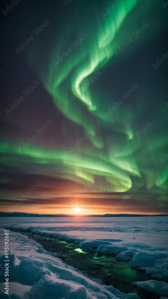 A stunning view of the Northern Lights over a frozen river, with the sun setting in the background. A stunning view of the Northern Lights over a frozen river, with the sun setting in the background.