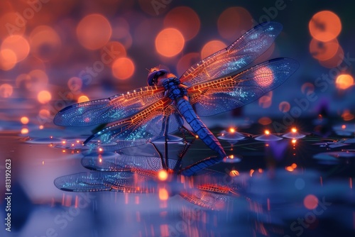 A visually stunning image of a dragonfly perched elegantly on a reflective surface, surrounded by bokeh and enchanting lights