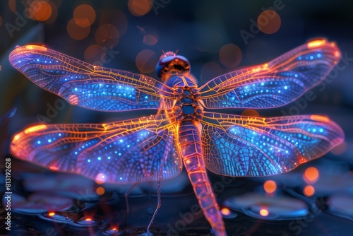 A close-up of a dazzling dragonfly with glowing wings perched, showcasing intricate details and vibrant colors