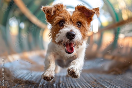 An energetic terrier dog captured mid-leap with its tongue out and ears perked, exuding joy and excitement photo