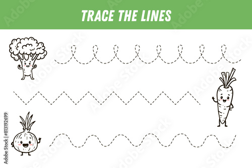 Tracing lines for kids. Cute cartoon vegetables. Broccoli, carrot, onion. Handwriting practice. Educational game for preschool kids. Activity page. Vector