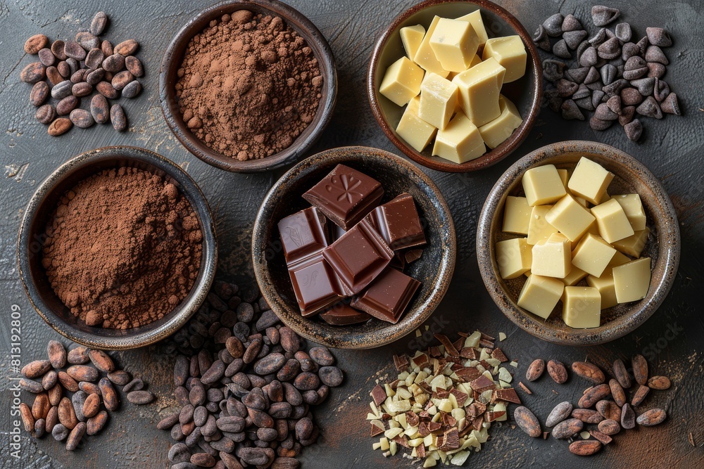 Chocolate bars, cocoa beans, and shavings sit amid cocoa powder in a gourmet presentation