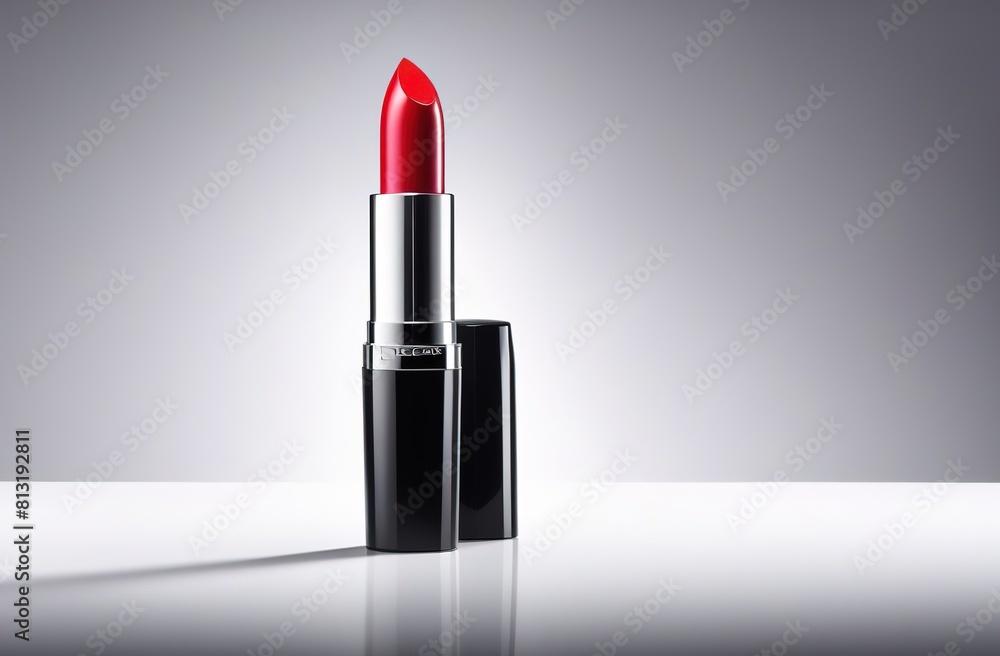 Red lipstick on a grey blurred background. The lipstick cap is removed. The light falls beautifully Red lipstick on a grey blurred background. The lipstick cap is removed. The light falls beautifully