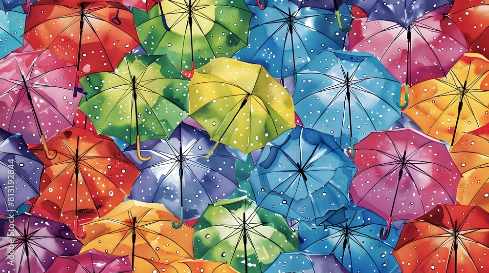 Seamless pattern background of Colorful Rainbow Umbrellas featuring a multitude of colorful umbrellas , evoking the whimsy and brightness of rainy day walks and city streets adorned with umbrellas