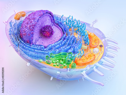 Anatomy of a human cell: nucleus, cytoplasm, golgi, organelles - mitochondria, ribosomes, lysosomes, enclosed by a cell membrane. Genetic DNA replication, RNA and protein synthesis. 3D cell structure  © Corona Borealis
