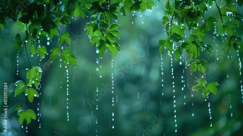 A tranquil woodland scene with raindrops dripping from emerald green leaves, conveying the peacefulness of nature after rainfall.