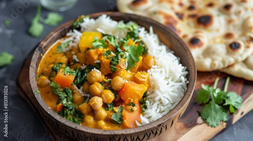 A vibrant bowl of creamy coconut curry with chickpeas and vegetables, served with fluffy basmati rice and naan bread.