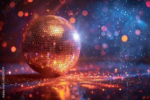 A sparkling disco ball illuminated with colorful lights creating a dreamy bokeh effect