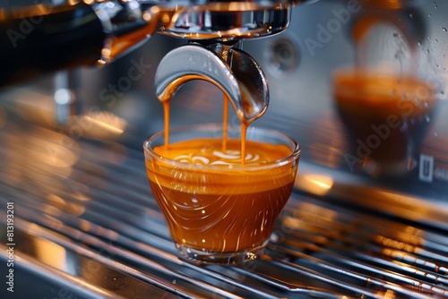 Freshly brewed espresso gracefully flows from a professional coffee machine, highlighting the art of coffee making