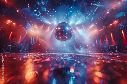 A dynamic disco ball dominates the frame amidst a vibrant light show and reflective floor, creating an intense party atmosphere