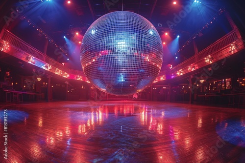 An imposing disco ball takes center stage in an empty nightclub setting, reflecting ambient light throughout the darkened venue