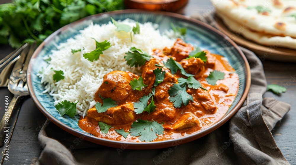 A vibrant plate of butter chicken served with fragrant basmati rice, naan bread, and garnished with fresh cilantro.