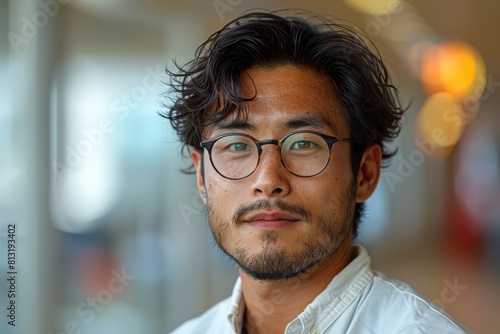 Close-up portrait of a young Asian man wearing glasses with a thoughtful expression and blurred background photo