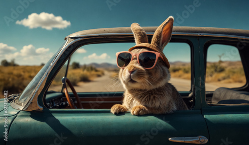 A Bunny on a Road Trip in His Car.
