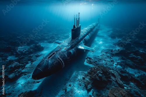 The underwater image highlights a submarine on the ocean floor bathed in a blue light, creating a serene yet mysterious atmosphere