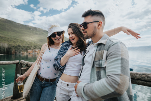 A joyful trio of friends sharing a moment during a seaside trip, perpetuating the feeling of happiness and closeness with a beautiful coastal backdrop.
