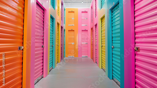 Self-storage facility with each unit door painted in a different bright color, organized in a visually pleasing gradient effect.