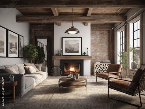 Rustic Industrial Living Room with Reclaimed Wood and Frames