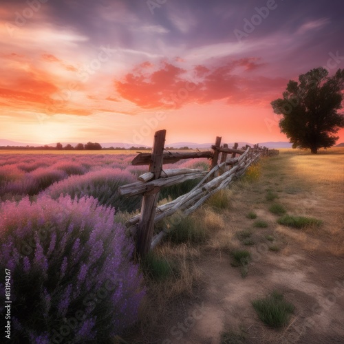 Serene Sunset Scene - Lavender Field and Wooden Fence Backdrop