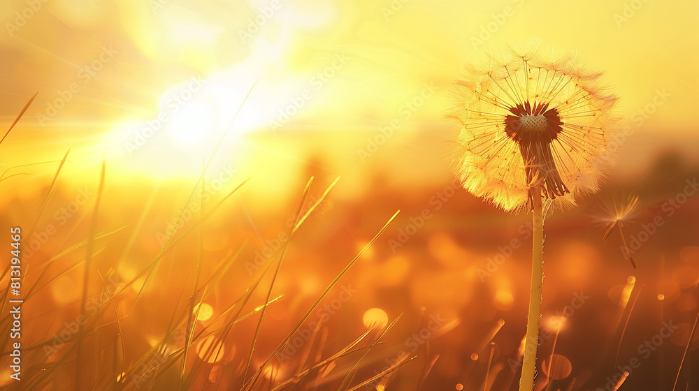 Dandelion Blowing in the Wind at Sunset