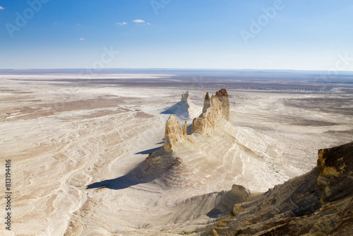 Bozzhira valley pinnacles aerial view, Mangystau region, Kazakhstan. Ak Orpa pinnacles