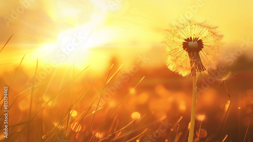 Dandelion Blowing in the Wind at Sunset