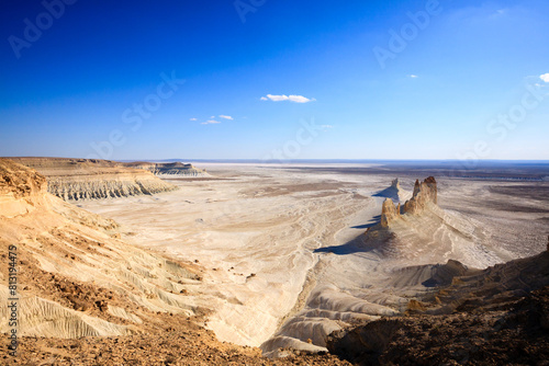 Bozzhira valley pinnacles aerial view, Mangystau region, Kazakhstan. Ak Orpa pinnacles