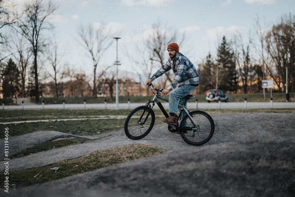 Obraz premium A young man in casual attire riding a bicycle through a park, portraying an active and leisurely lifestyle.