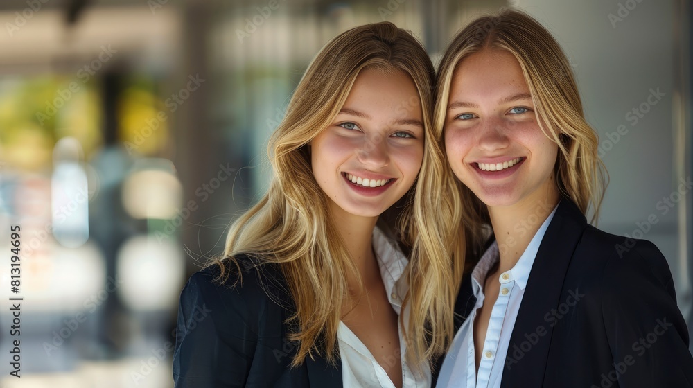 Feel The Camaraderie Between Two Happy Beautiful Blonde Businesswomen As They Stand Together, Their Shared Vision And Determination Evident In Their Expressions Feel The Camaraderie Between Two Happy Beautiful Blonde Businesswomen As They Stand Together, Their Shared Vision And Determination Evident In Their Expressions
