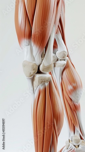 3D realistic illustration of the upper leg and knee muscular system on a white background. Human muscles, medical illustration.