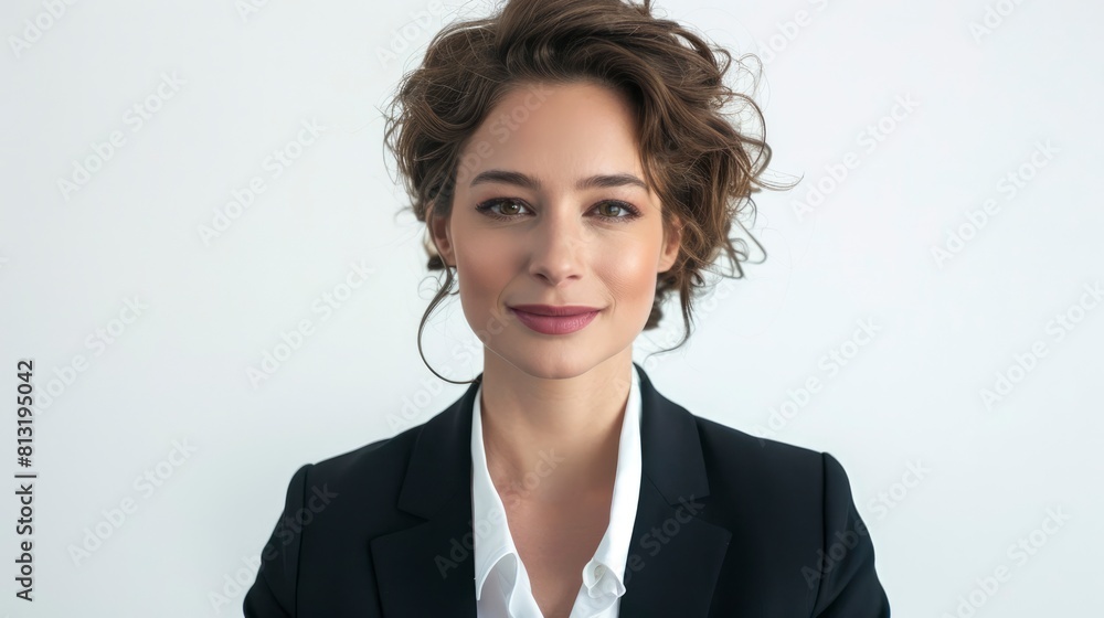 In A Portrait Against A White Background, The Beautiful Businesswoman In A Suit Beams With Gladness And Success In A Portrait Against A White Background, The Beautiful Businesswoman In A Suit Beams With Gladness And Success