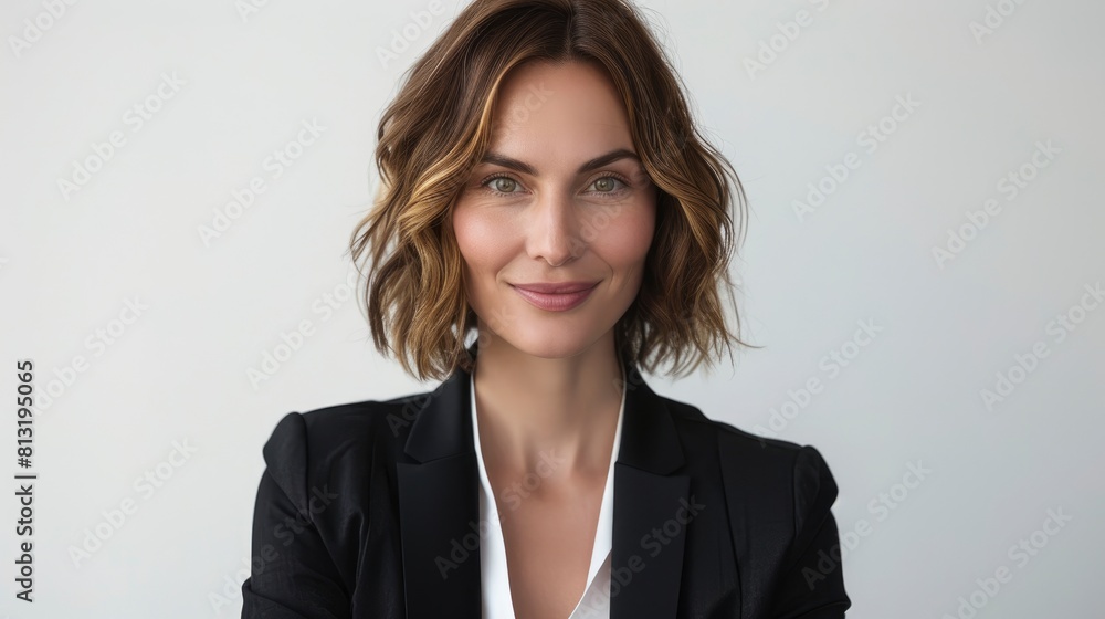 In A Portrait Against A White Background, The Beautiful Businesswoman In A Suit Beams With Gladness And Success In A Portrait Against A White Background, The Beautiful Businesswoman In A Suit Beams With Gladness And Success