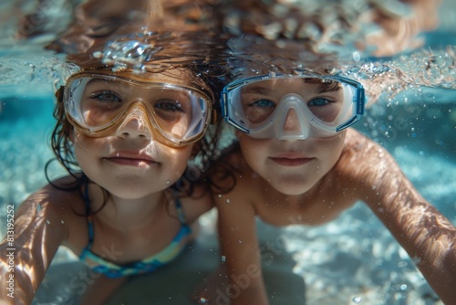 Wallpaper Mural Two kids enjoying underwater activities with goggles in clear water Torontodigital.ca
