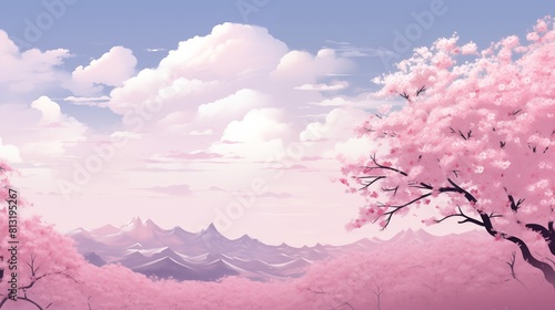 Digital Artwork Depicting a Serene Cherry Blossom Landscape with Mountains in the Background