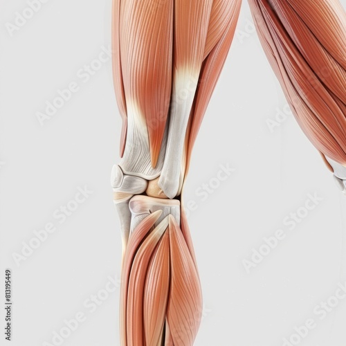 3D realistic illustration of the upper leg and knee muscular system on a white background. Human muscles  medical illustration.