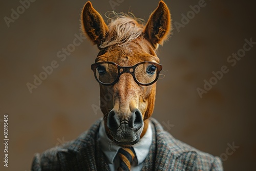 A whimsical image of a horse wearing glasses and dressed in human attire